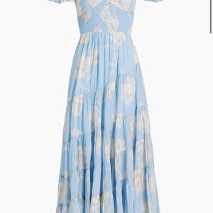 Free People Blue Pleated Maxi Dress with Puff Sleeves